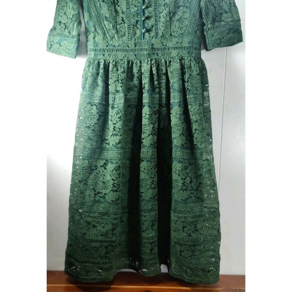 Metisu Dress Forest Green Ivy Lace Pattern Lined Overlay V-neck Size S - Picture 12 of 16